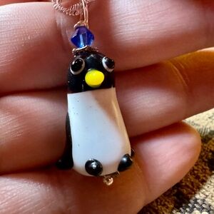 Handma lampwork penguin pendant and cheap chain.